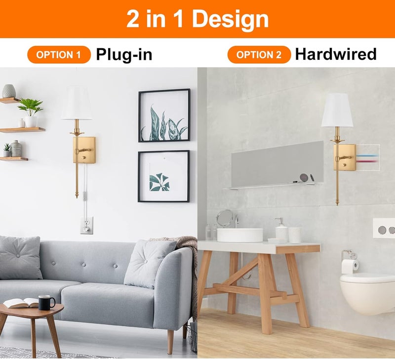 GOODATE Dimmable Wall Sconces Set of Two, Plug in Wall Sconces White Fabric Shade, Wall Lamp for Bedroom, Living room, Plug in Wall Light Sconces Wall Decor Set of 2, LED Bulbs Included, Antique Brass - Image 5